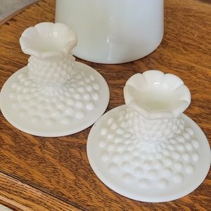 Pair of milkglass hobnail candle stick holders